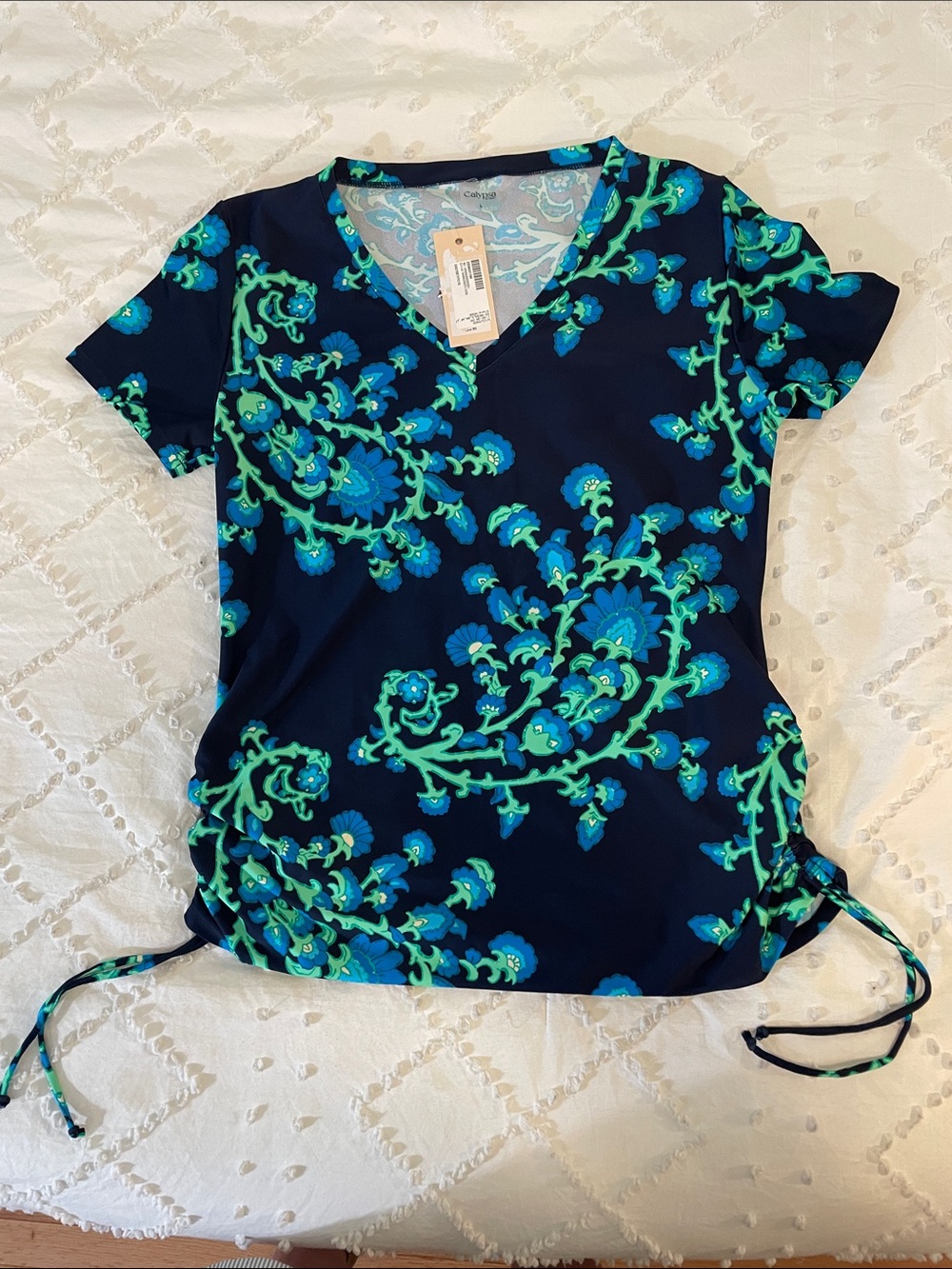 Calypsa by Modli Swim rash guard Coverup V-Neck shirt Navy with Teal Floral nwt